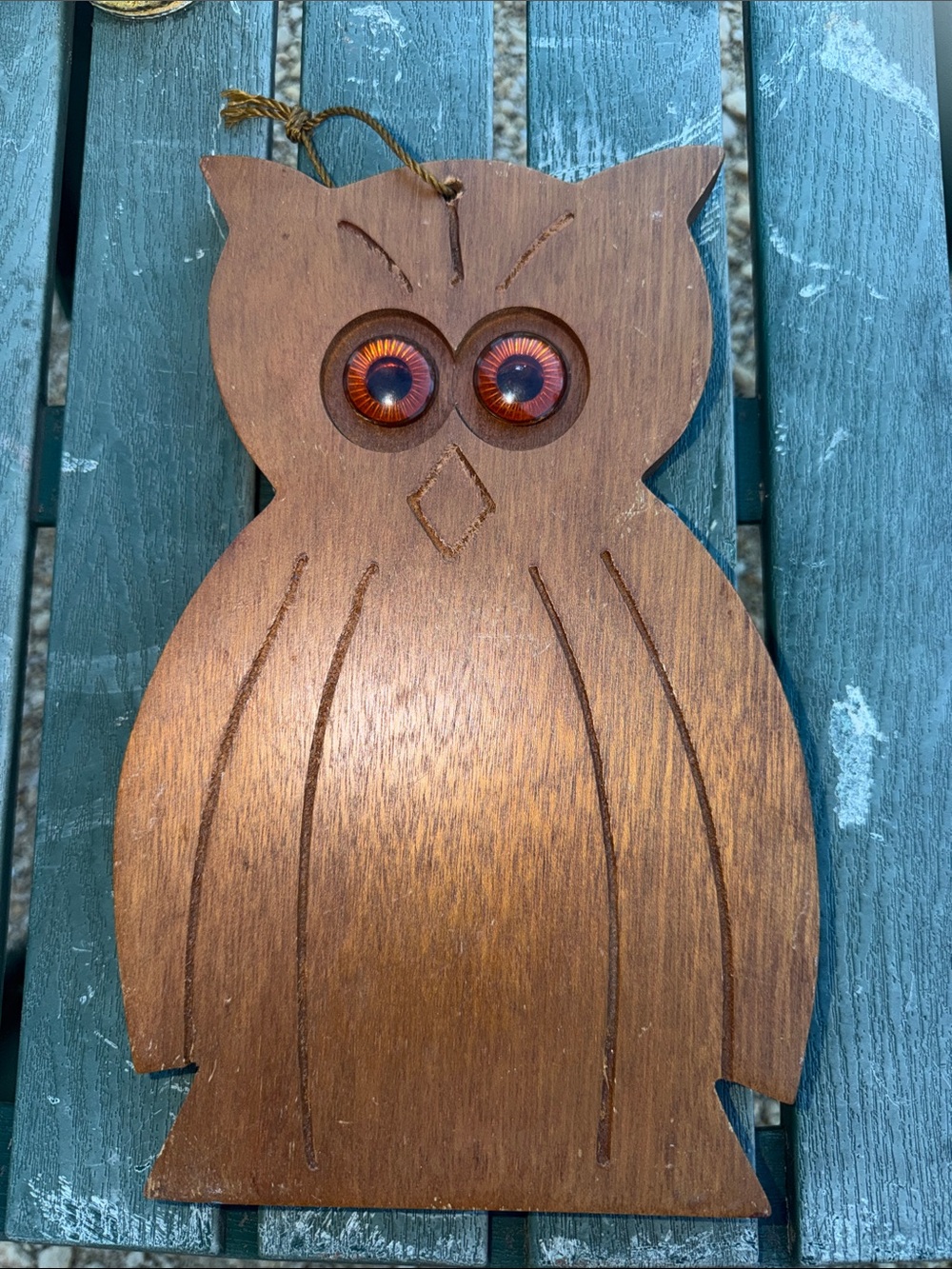 Vintage Carved Wooden Owl Wall Hanging Art With Orange Eyes